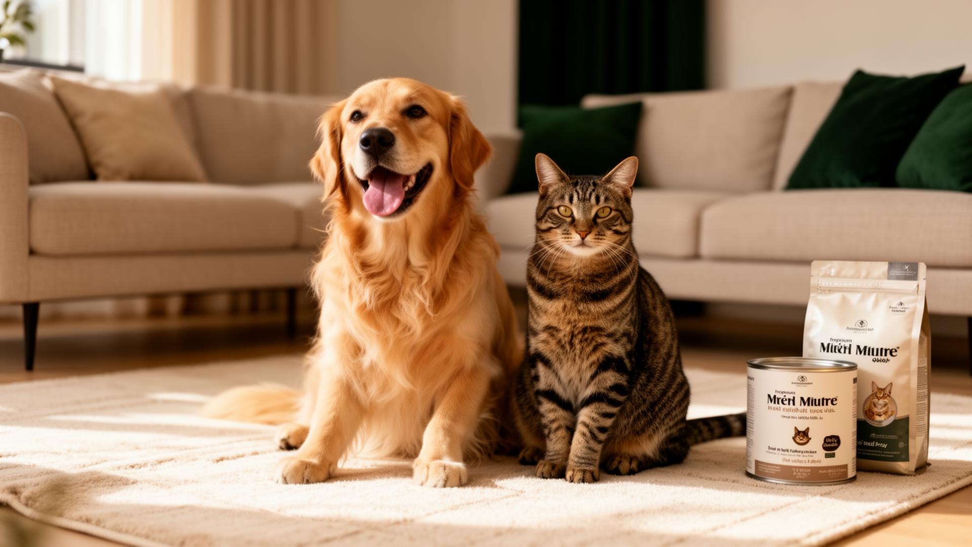 A happy golden retriever and tabby cat together at home