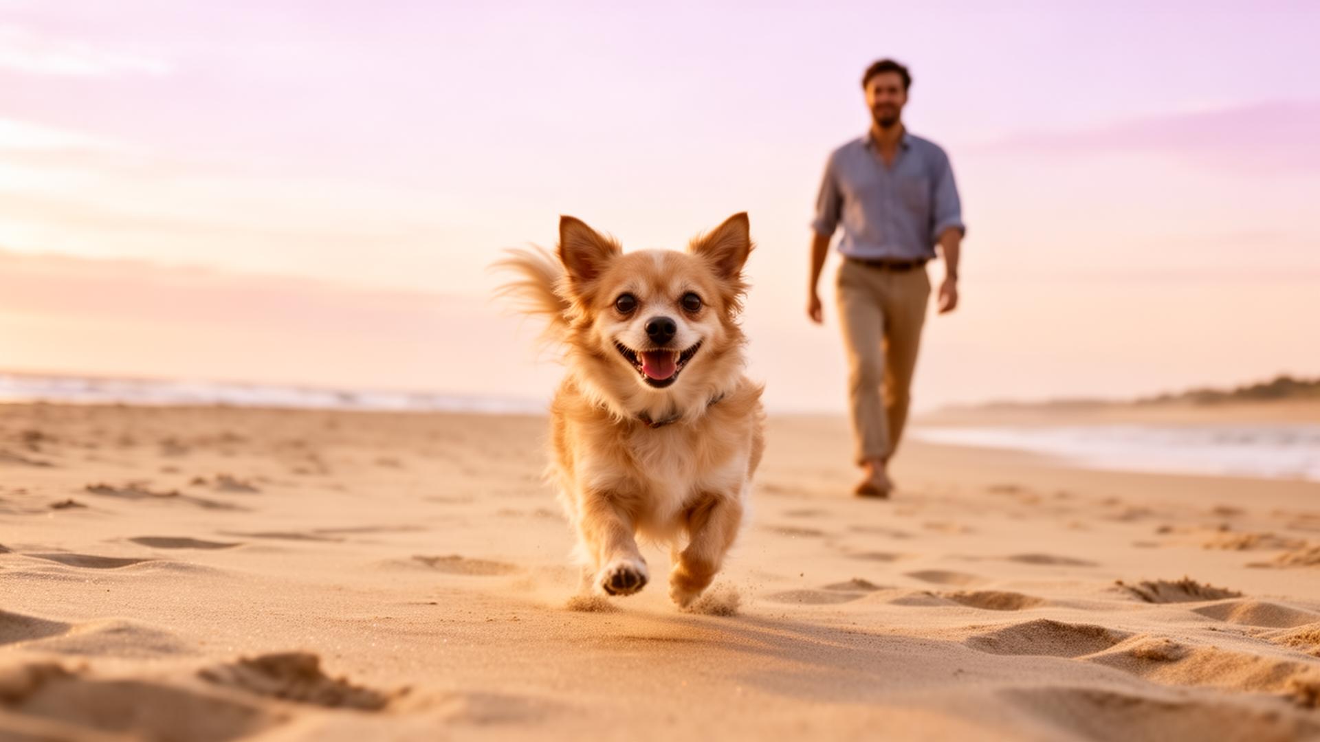 A small dog running freely on a beach at golden hour